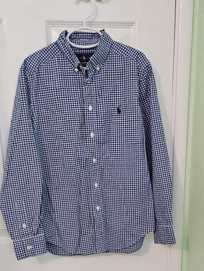 Ralph Lauren Boys Sz 10-12 Blue Long Sleeve Button Up Shirt Natural Stretch